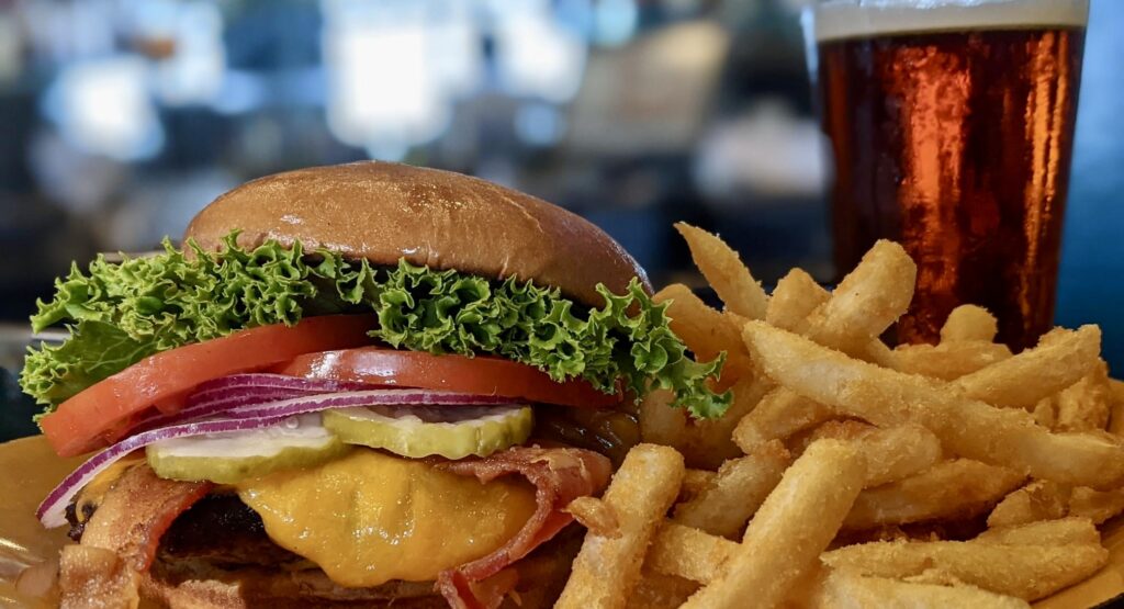 burger, fries, and beer